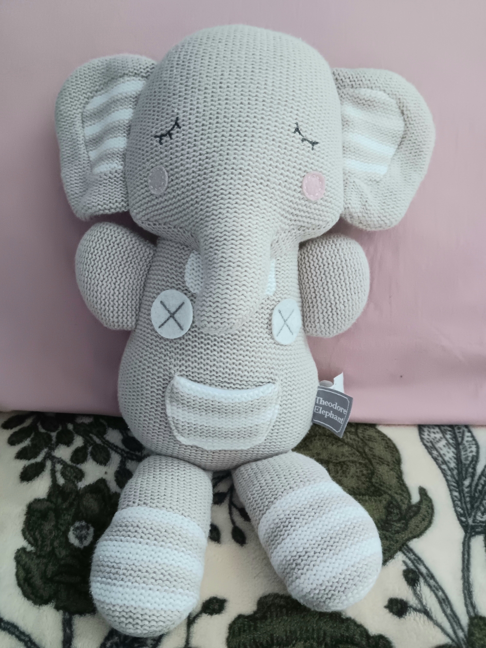 Living Textiles Theodore Elephant Tan Knit Cotton Rattle Stuffed Animal Baby Toy